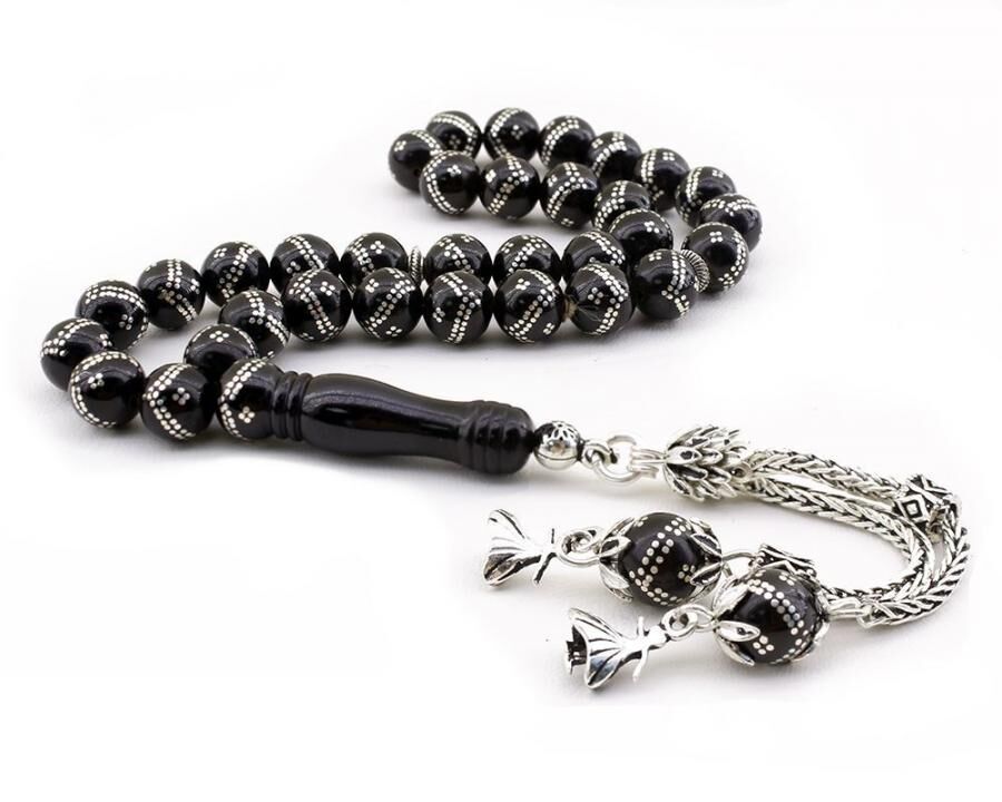 Rosary made of Erzurum Lignite stone with double row silver tassel - 1