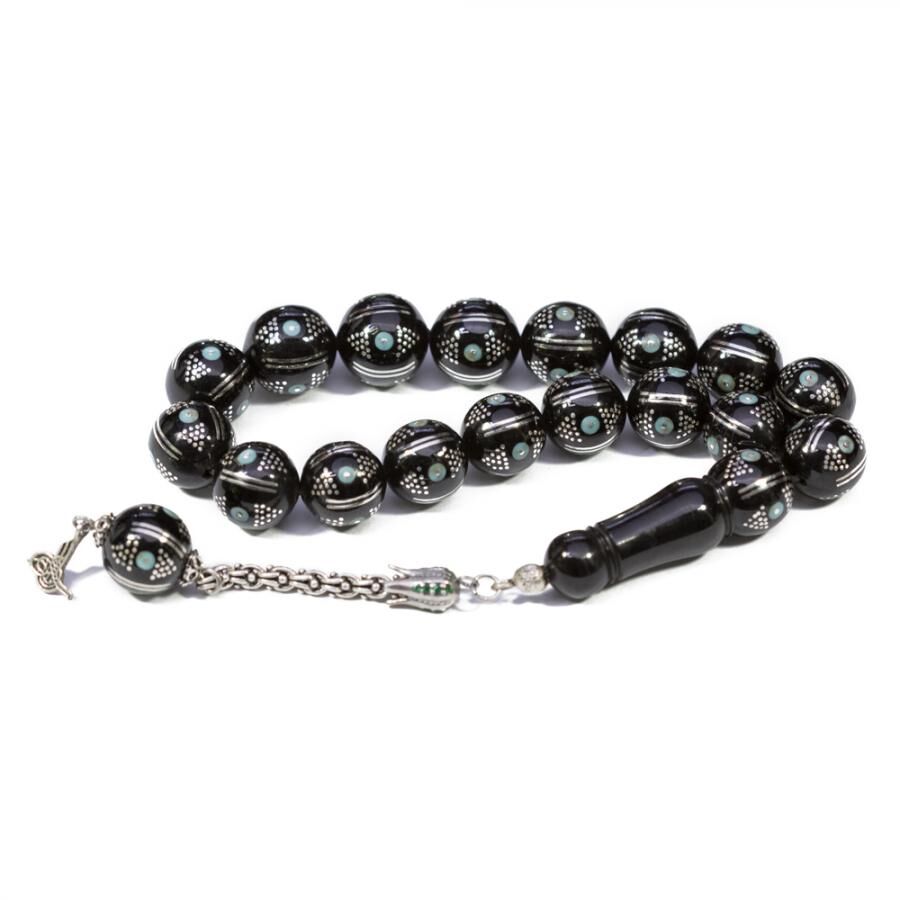 Rosary made of Erzurum lignite with turquoise engraved beads - 1