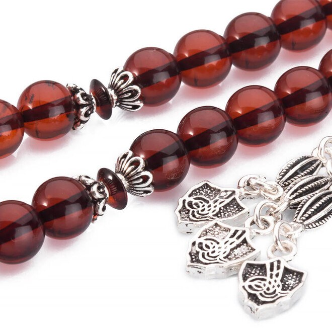 Rosary made of fiery amber, in bracelet size with silver tassel - 2