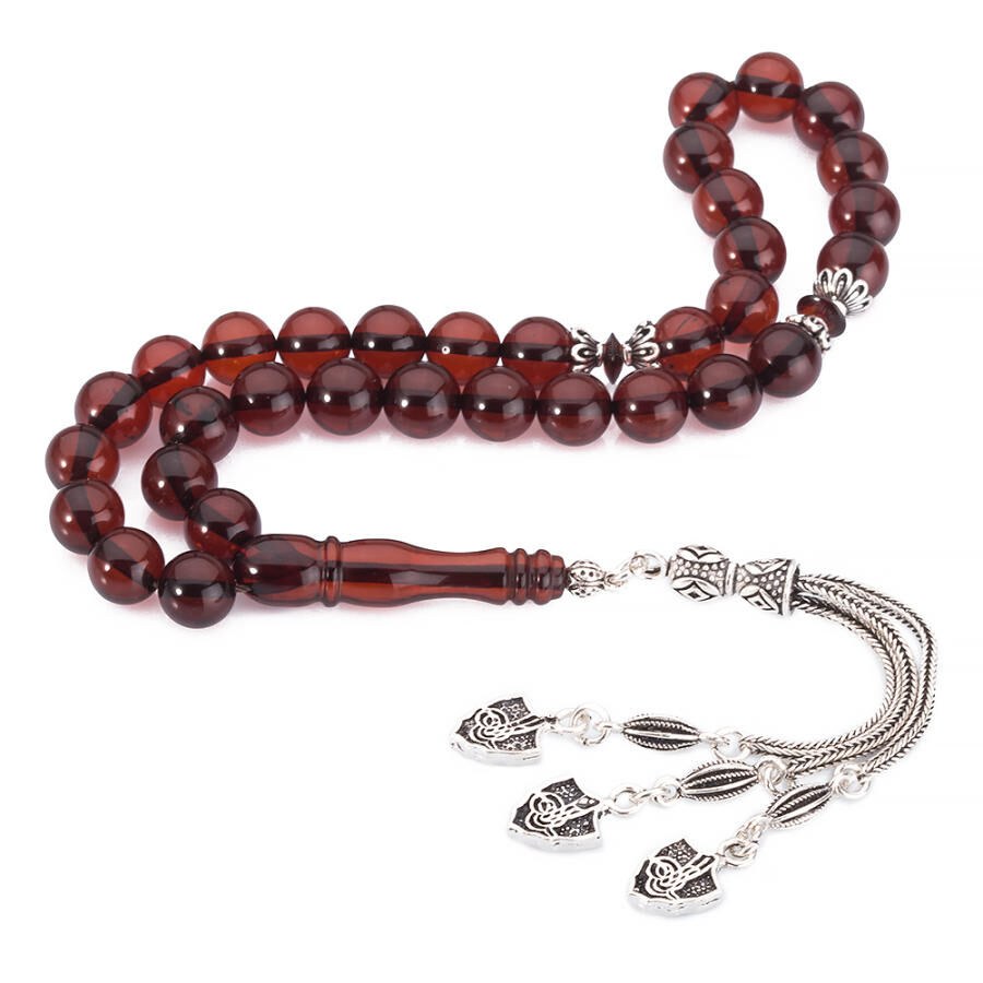 Rosary made of fiery amber, in bracelet size with silver tassel - 3
