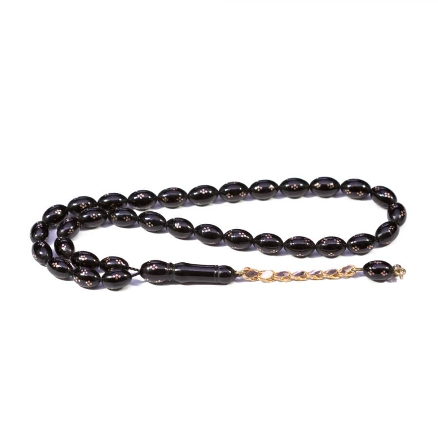 Rosary made of lignite stone decorated with gold engravings - 1