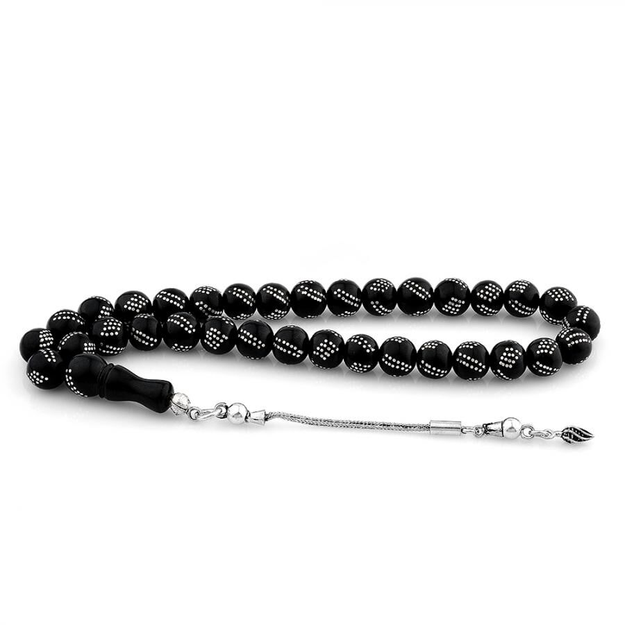 Rosary made of lignite stone inlaid with silver - 2