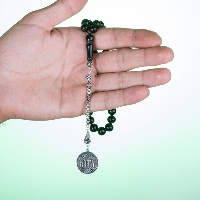 Rosary made of lignite stone with a tassel bearing Turkish GokTurk symbol - 2