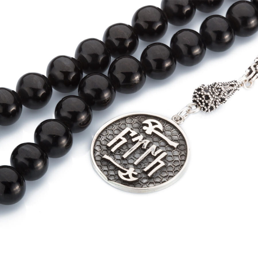 Rosary made of lignite stone with a tassel bearing Turkish GokTurk symbol - 3