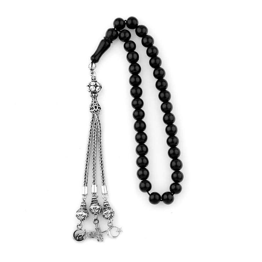 Rosary made of lignite stone with a triple tassel of silver - 1