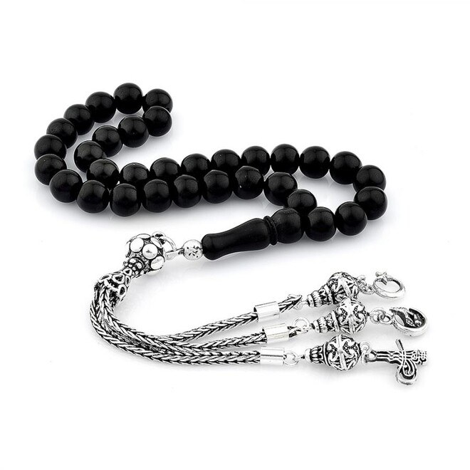 Rosary made of lignite stone with a triple tassel of silver - 2