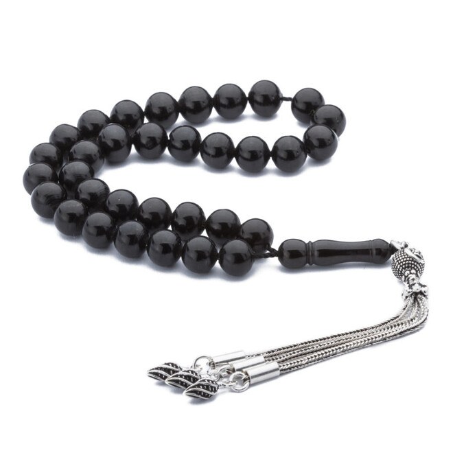 Rosary made of lignite stone with silver tassel and marble-shaped beads - 1