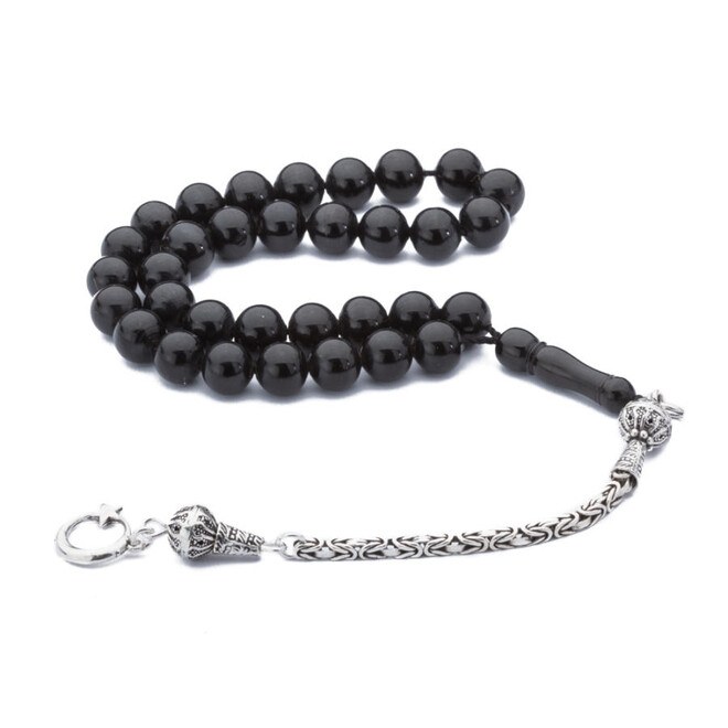 Rosary made of lignite stone with silver tassel and marble-shaped beads - 3