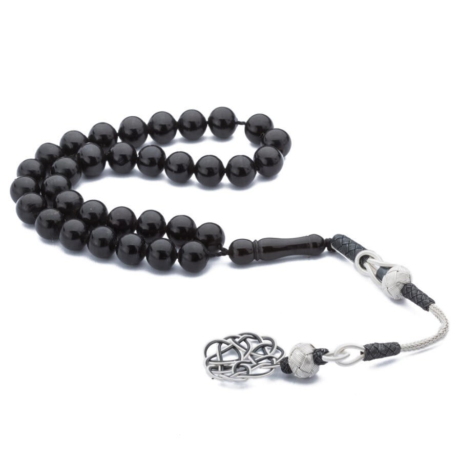 Rosary made of lignite stone with silver tassel and marble-shaped beads - 5