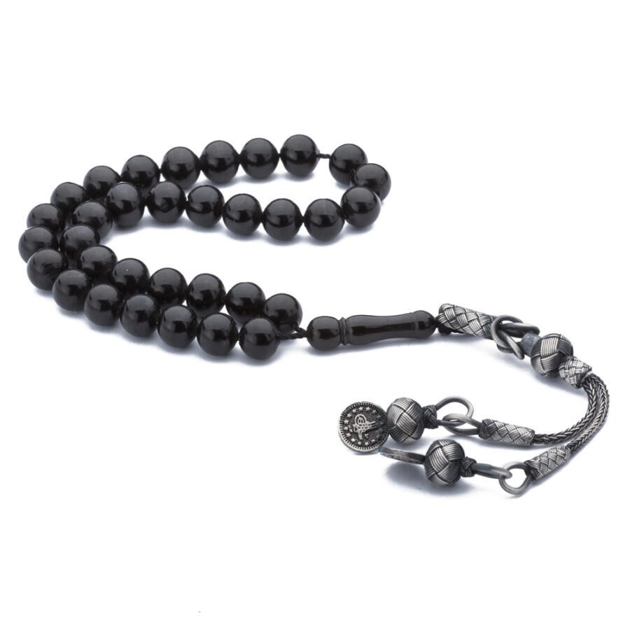Rosary made of lignite stone with silver tassel and marble-shaped beads - 6
