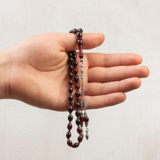 Rosary made of pressed amber with a double silver tassel - 1