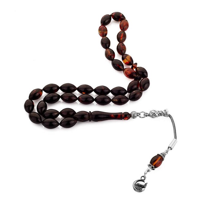 Rosary made of pressed amber with a gray wolf symbol decorated- tassel - 3