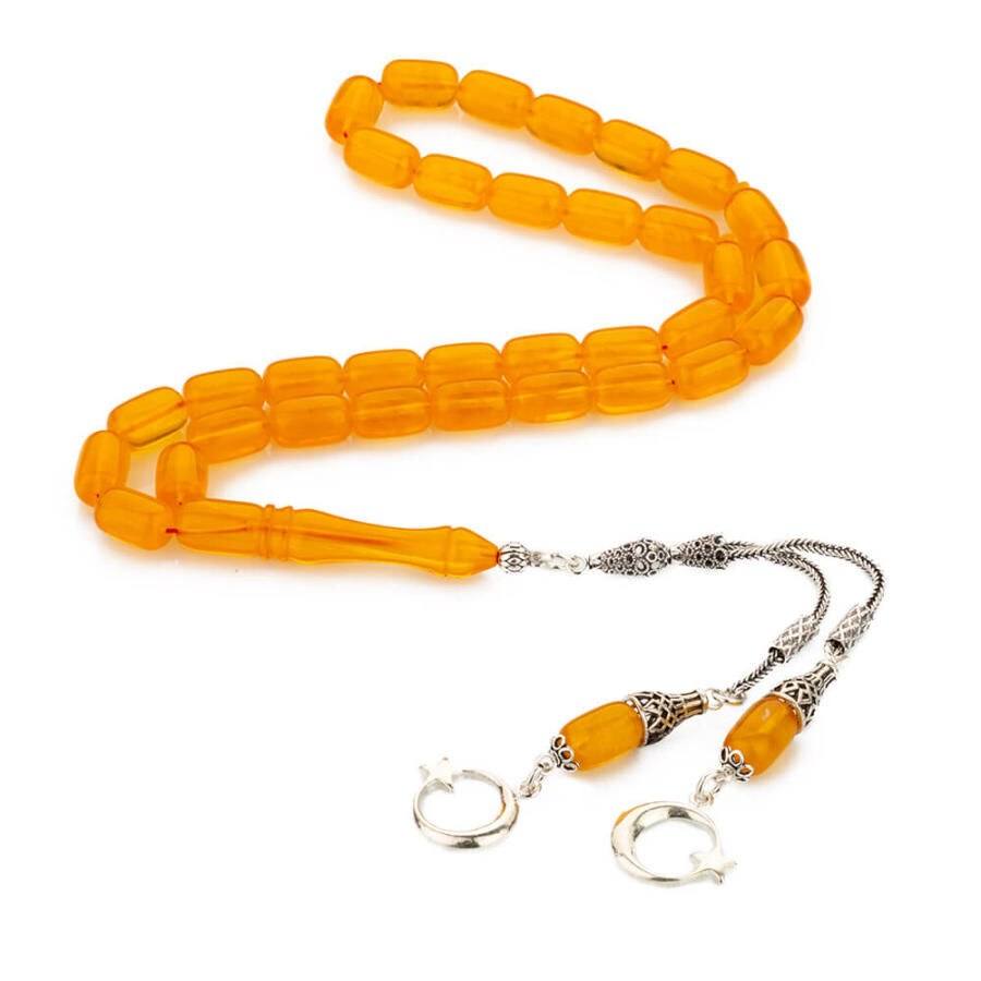 Rosary made of pressed amber with double tassel bearing a moon star symbol - 4