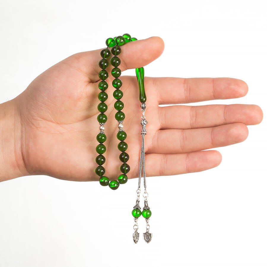 Rosary made of pressed amber with green beads - 2