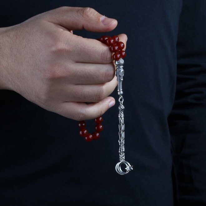 Rosary made of red agate stone with a silver Imame - 2