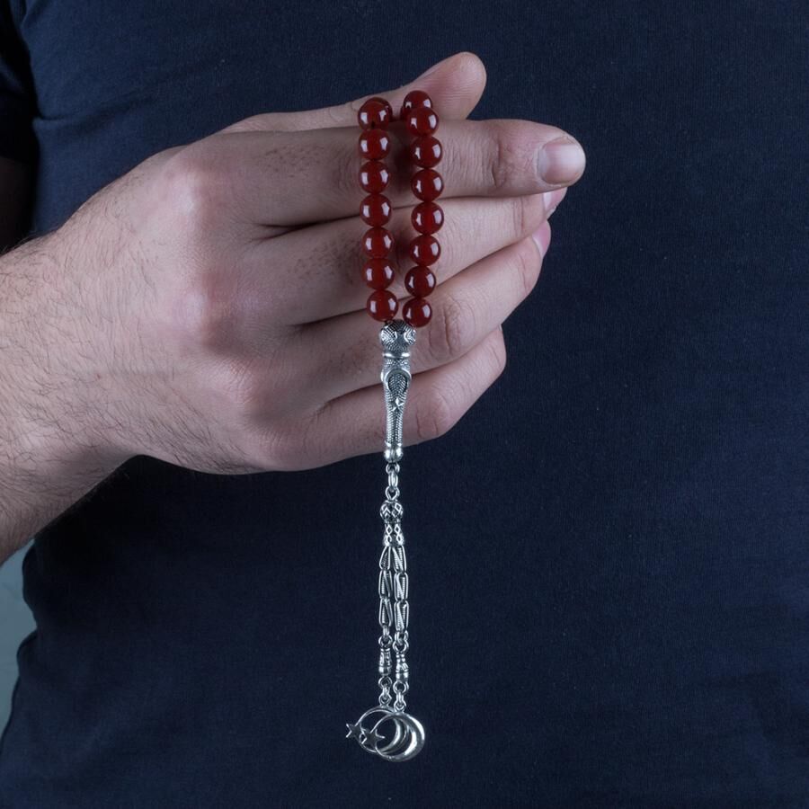 Rosary made of red agate stone with a silver Imame - 3