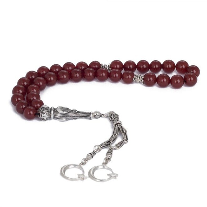 Rosary made of red agate stone with a silver Imame - 4
