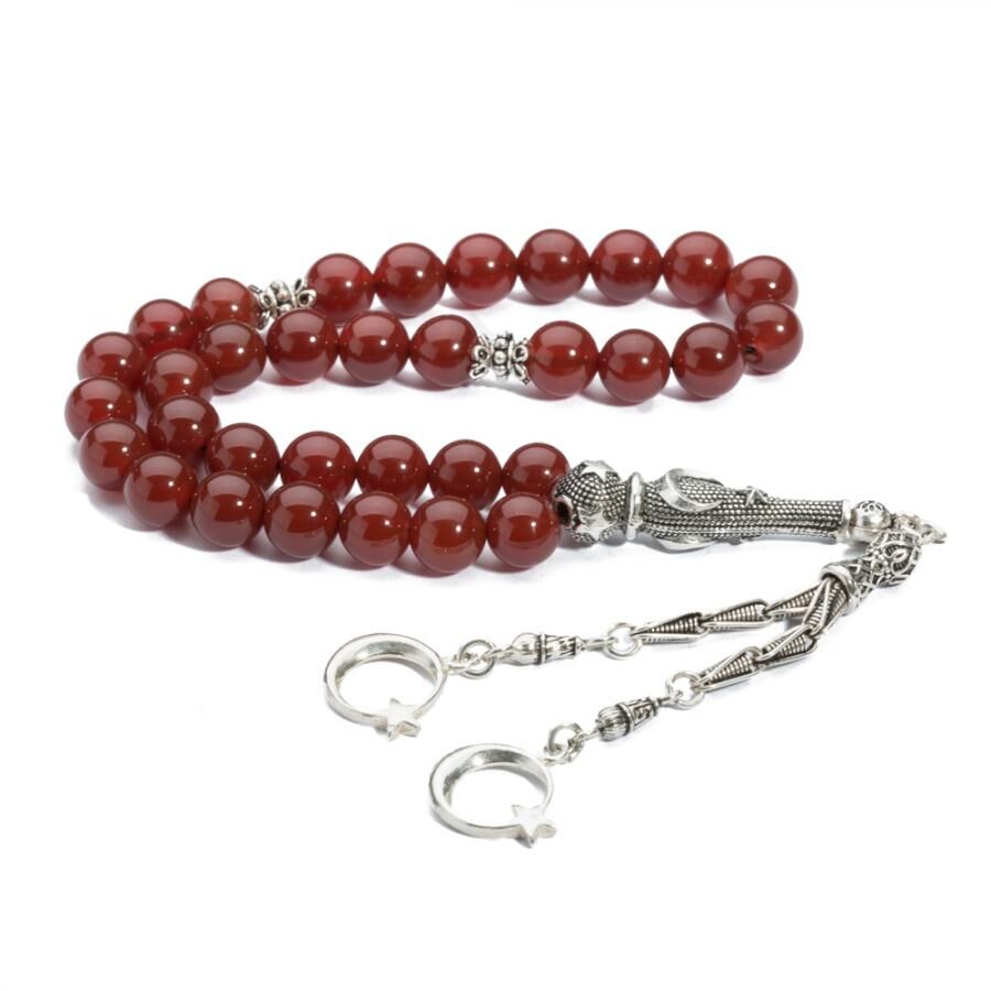 Rosary made of red agate stone with a silver Imame - 1
