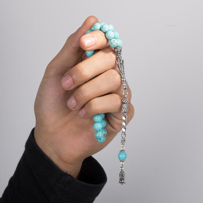 Rosary made of turquoise stone with a tassel decorated with a tulip symbol - 2