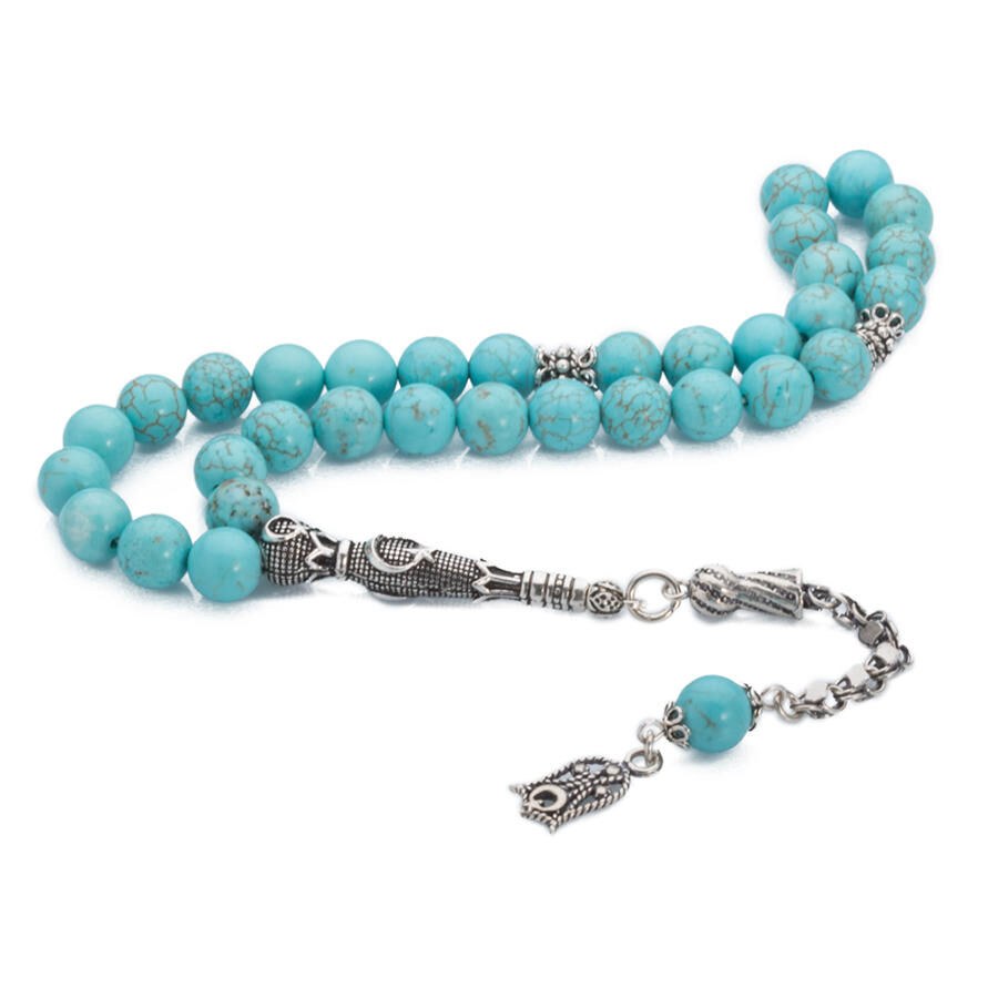 Rosary made of turquoise stone with a tassel decorated with a tulip symbol - 3