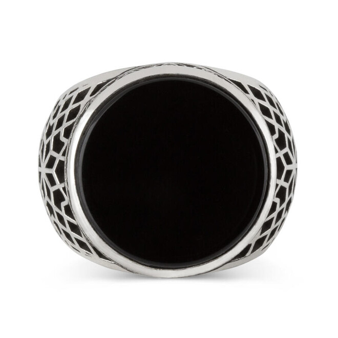 Round Black Onyx Stone 925 Sterling Silver Men's Ring - 4