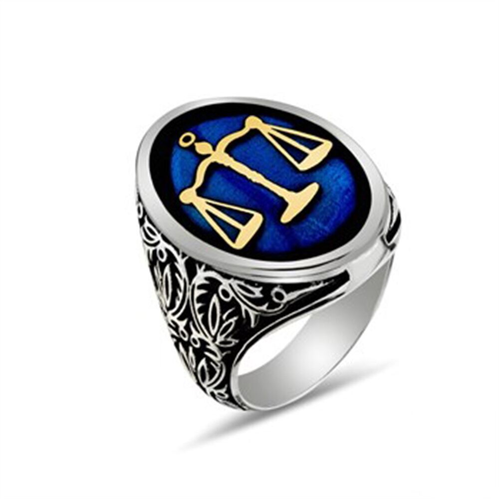 Scales of Justice Oval Blue Sterling Silver Men's Ring - 1