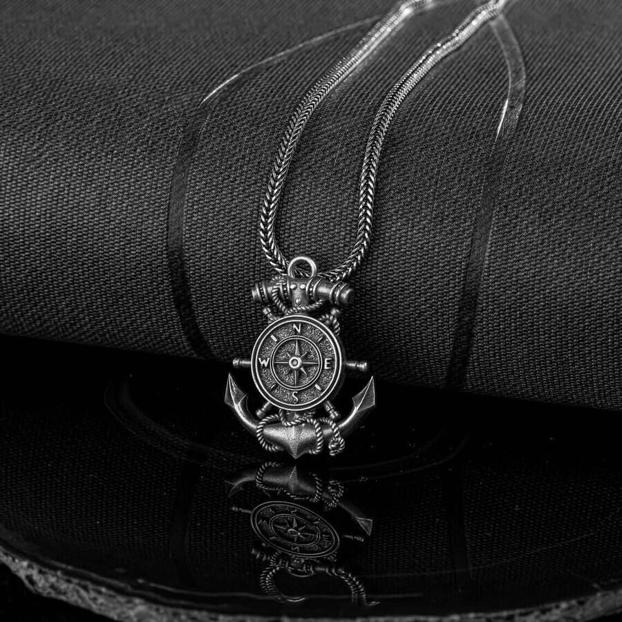 Ship's Helm Themed 925 Sterling Silver Men's Necklace Embroidered on Anchor - 2