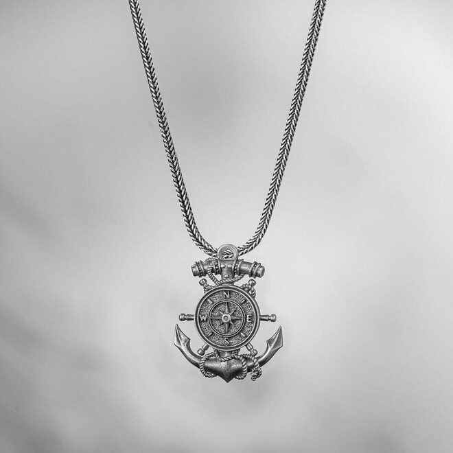 Ship's Helm Themed 925 Sterling Silver Men's Necklace Embroidered on Anchor - 1
