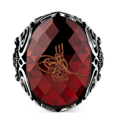 Silver 925 mens rings with red zircon stone and Ottoman emblems - 2