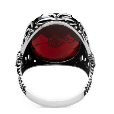 Silver 925 mens rings with red zircon stone and Ottoman emblems - 3