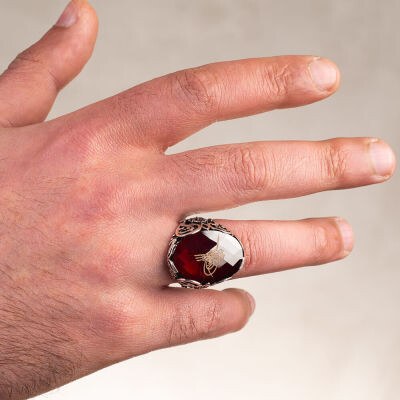 Silver 925 mens rings with red zircon stone and Ottoman emblems - 4