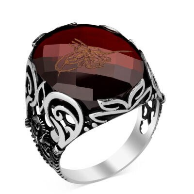Silver 925 mens rings with red zircon stone and Ottoman emblems - 1