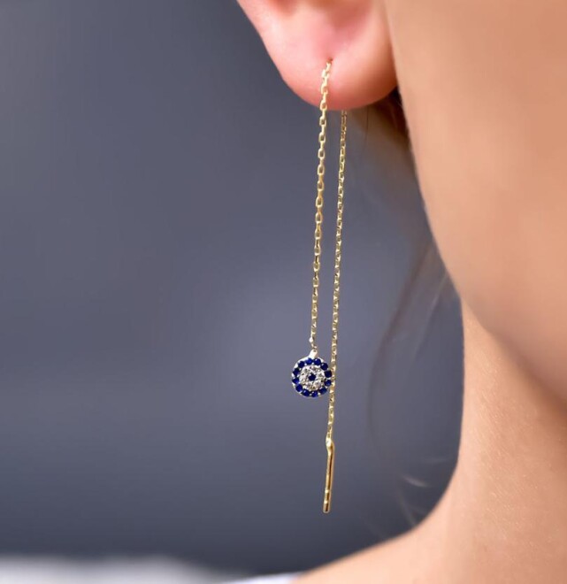 Silver Earring with a Chain Design and Zircon Stone - 2