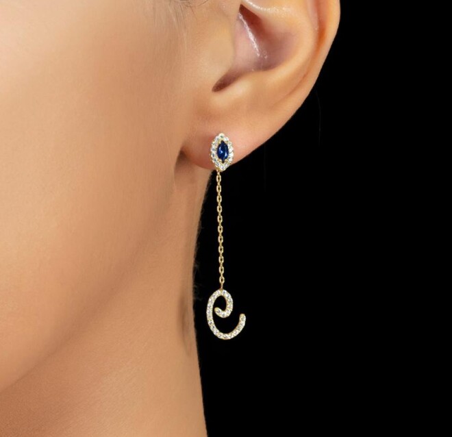 Silver Earring with Stone and Chain - 1