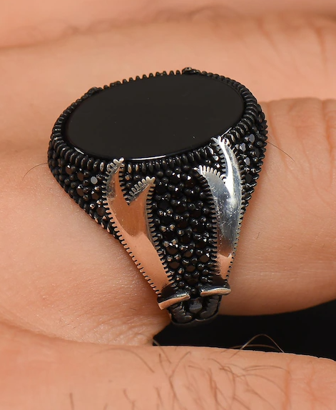 Silver Men's Ring with Zulfiqar Sword Figure and Black Onyx Stone - 1