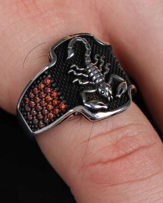 Silver Men's Ring with Scorpio Figure and Zircon Stone Embellishment - 1