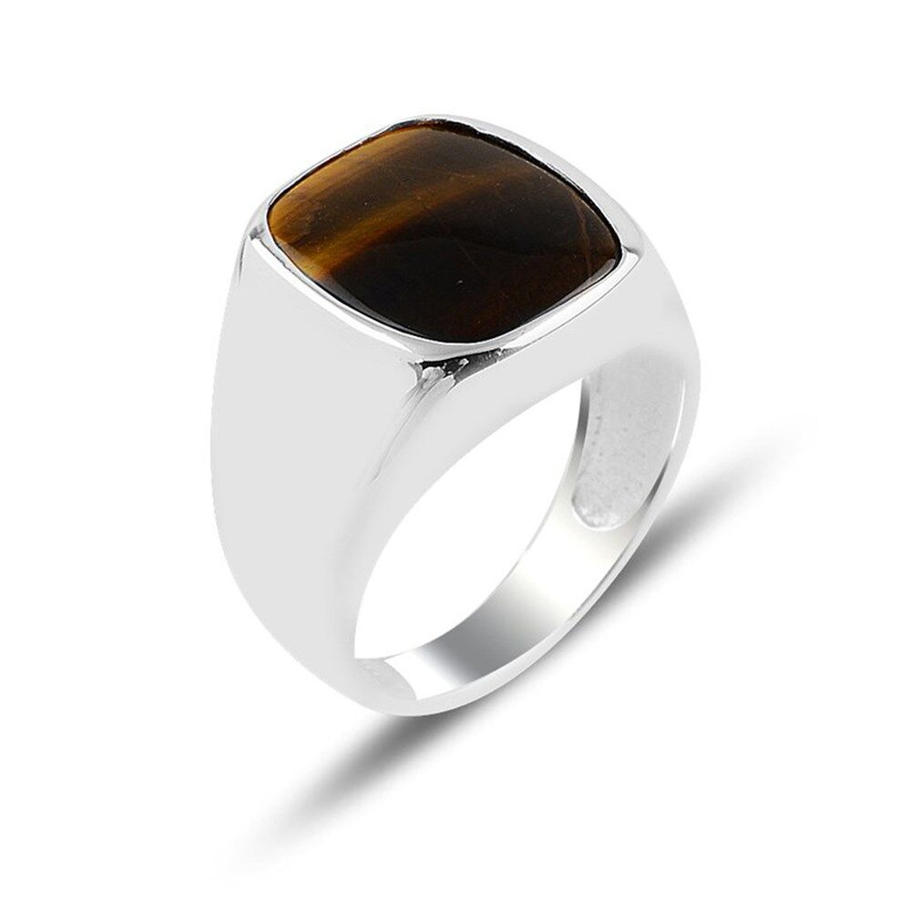 Silver Men's Ring Square shaped with Tiger's Eye Stone - 1