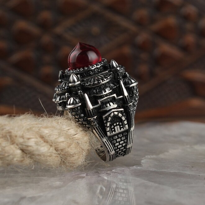 Silver Men's Ring with Amber Stone and Mosque Design - 1