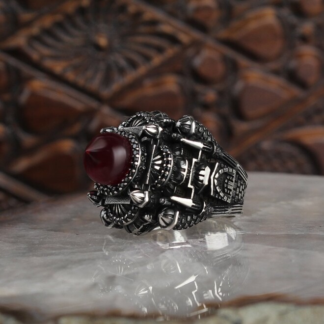 Silver Men's Ring with Amber Stone and Mosque Design - 2