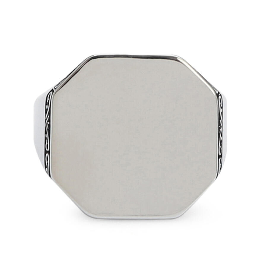 Silver Octagonal Simple Design Men's Ring Linear Patterned Model - 1