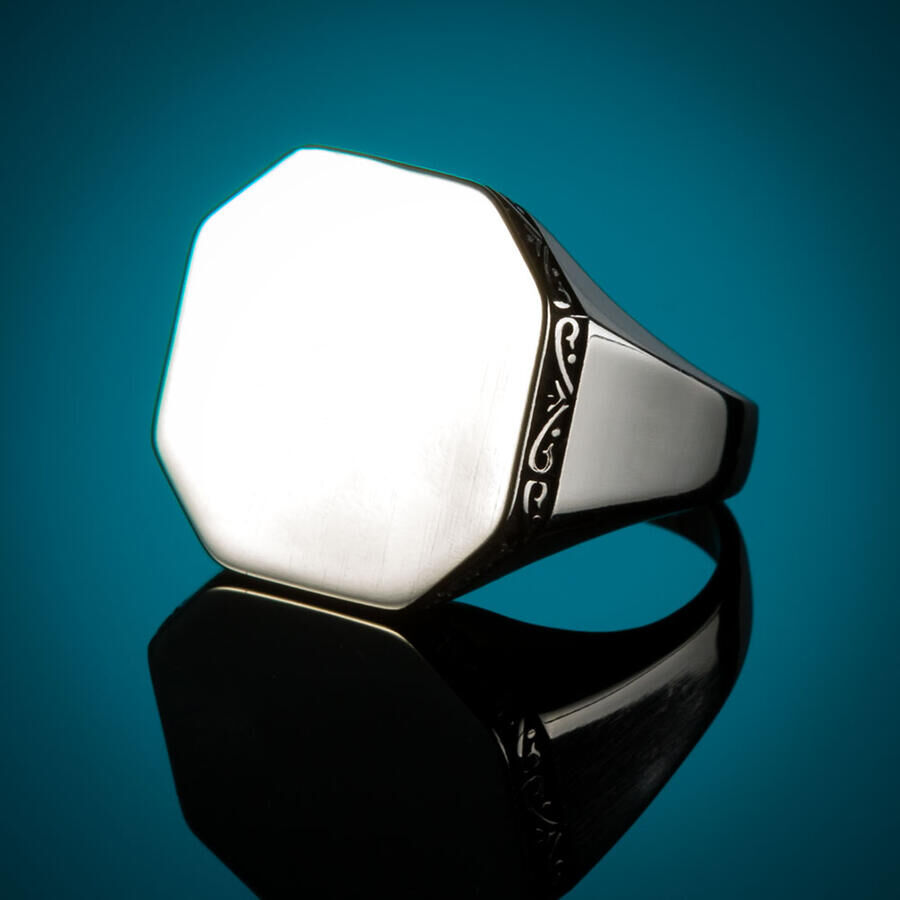 Silver Octagonal Simple Design Men's Ring Linear Patterned Model - 4