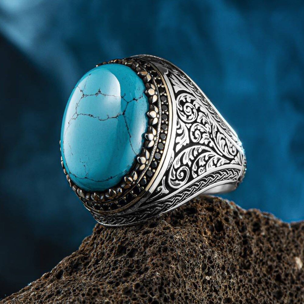 Silver Ring with Turquoise Stone with lines - 1