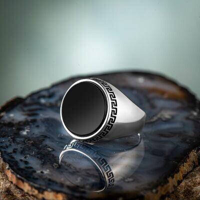 Simple Model Round Black Onyx Stone Sterling Silver Men's Ring - 2