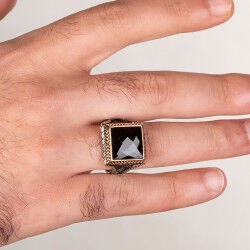 Siyah Zirkon Taşlı Kare Tasarım Erkek Gümüş Yüzüğü - 3