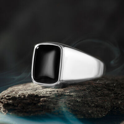 Square Design Black Onyx Simple Sterling Silver Men's Ring Product Features - 1