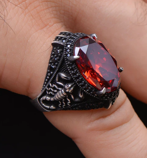 Silver Men's Ring with Scorpion Figure and Red Zircon Stone - 1