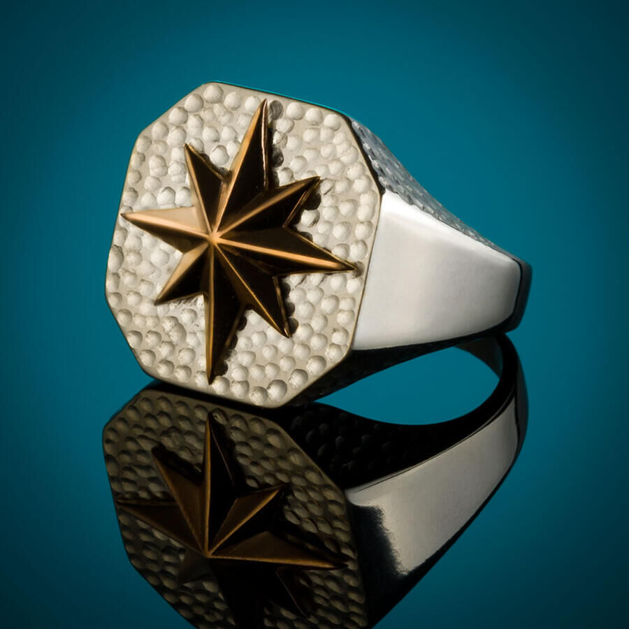 Sterling Silver Octagon North Star Compass Model Men's Ring - 4
