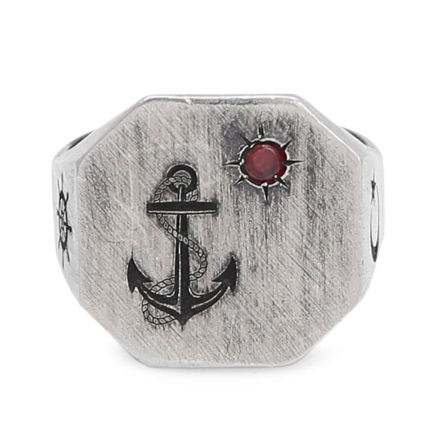 Sterling Silver Octagonal Anchor Rudder and Moon Star Mini Red Zircon Stone Men's Ring - 2