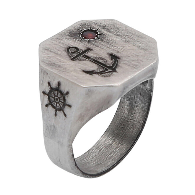 Sterling Silver Octagonal Anchor Rudder and Moon Star Mini Red Zircon Stone Men's Ring - 1