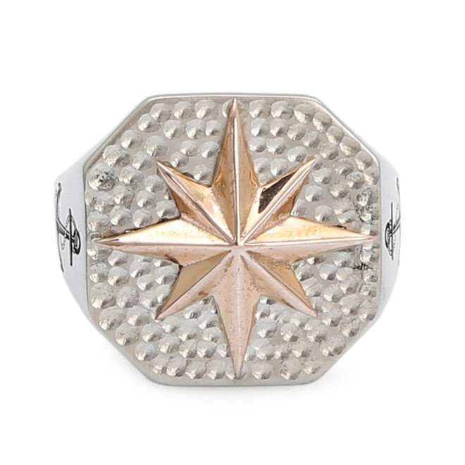 Sterling Silver Octagonal North Star Compass Model Anchor Motif Men's Ring - 2